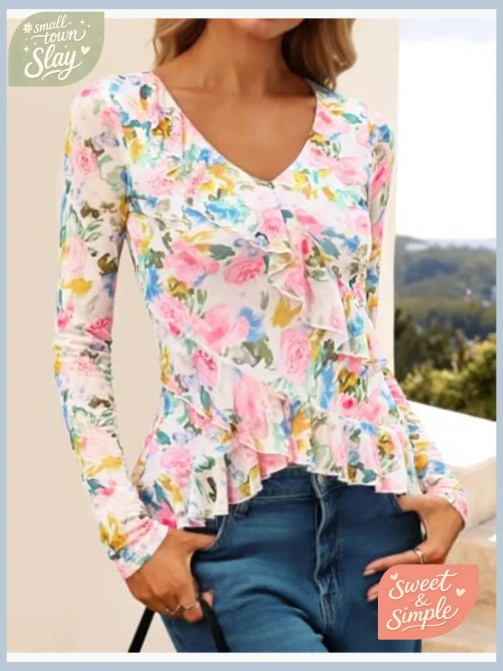 Long Sleeve Floral V-Neck Blouse with Ruffle Detail, Slim Fit - Picture 2 of 6